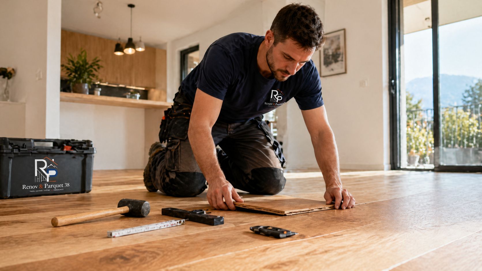 Artisan en situation lors de la pose d’un parquet